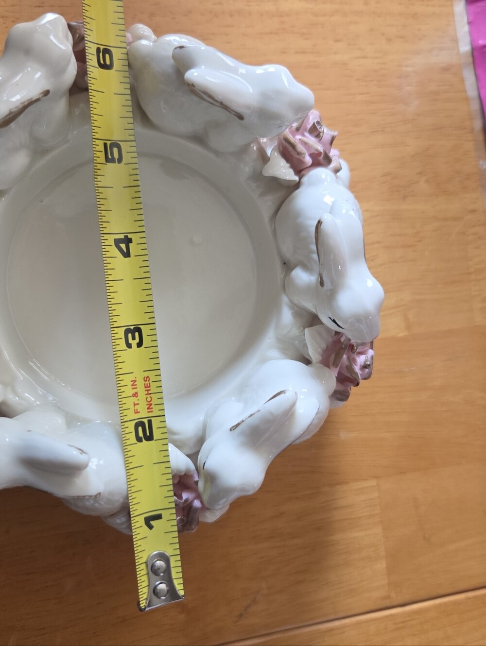 Vintage Cream Ceramic Large Candleholder Rabbits In A Circle W/Pink Rose Easter - Picture 6 of 6